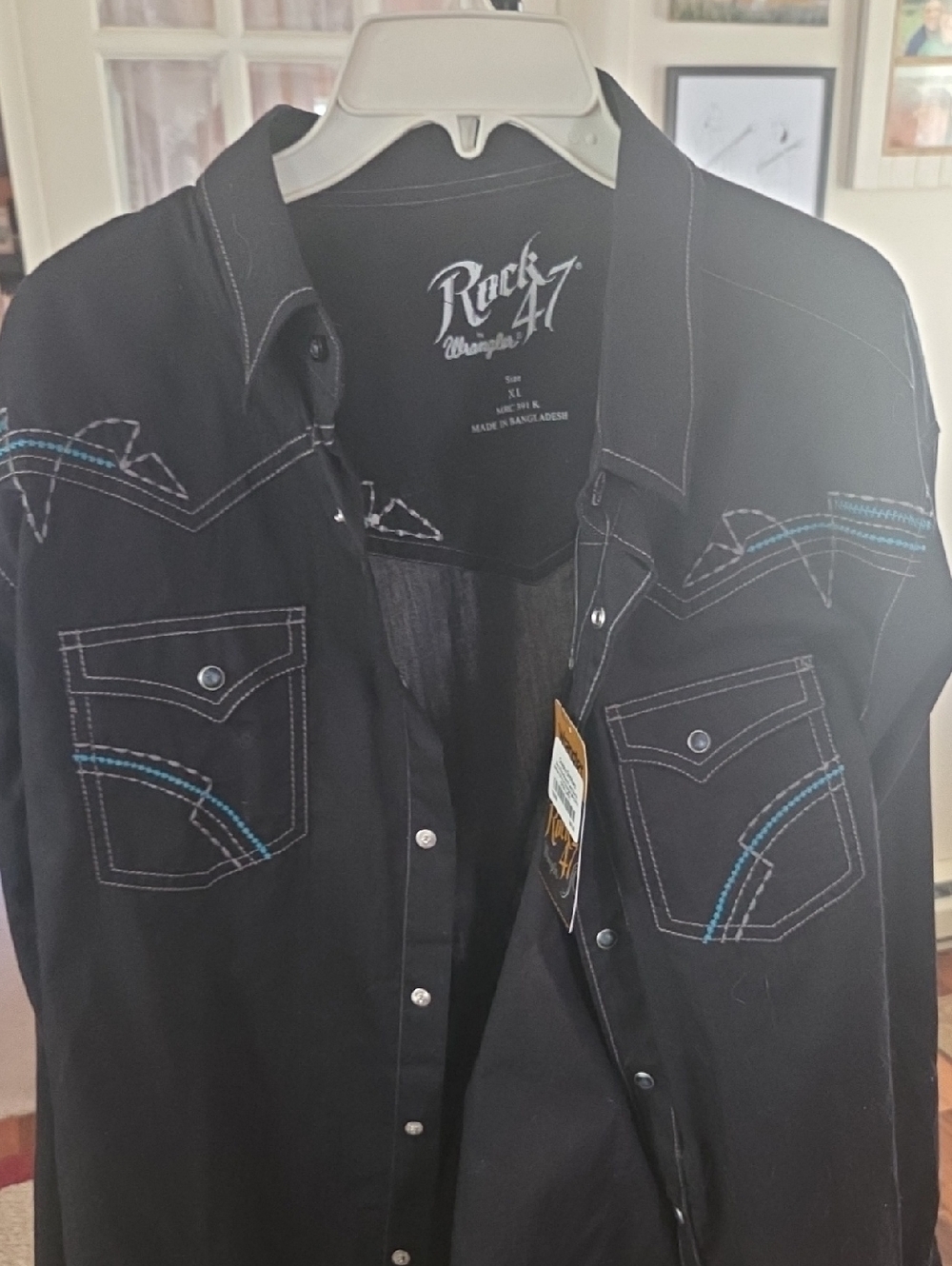 Rock 47 Black Western Snap Shirt with Blue Contrast Stitching Wrangler